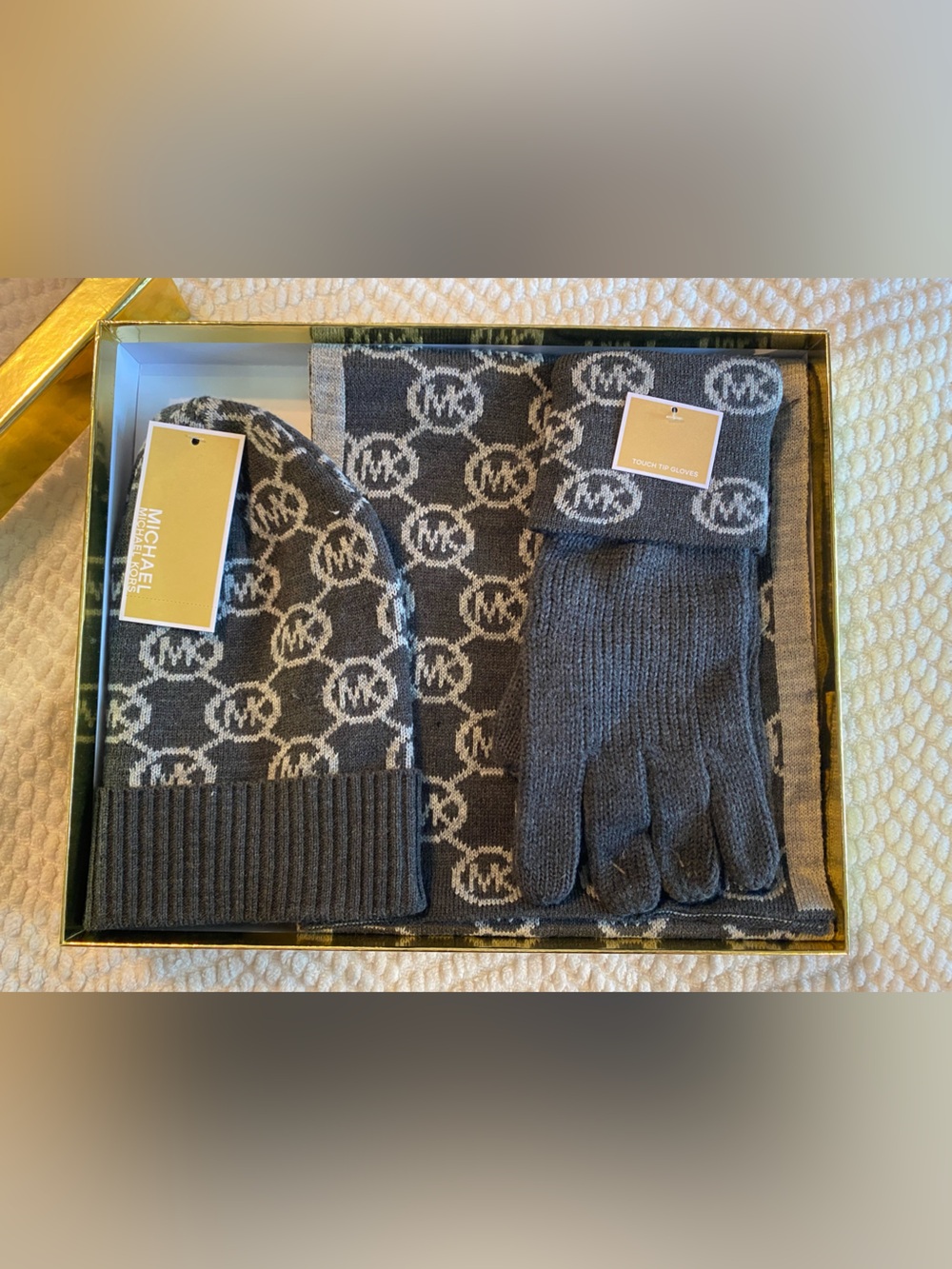 Michael Kors Gray & White MK Logo Knit Hat, Scarf and Gloves Gift Set - Picture 4 of 9